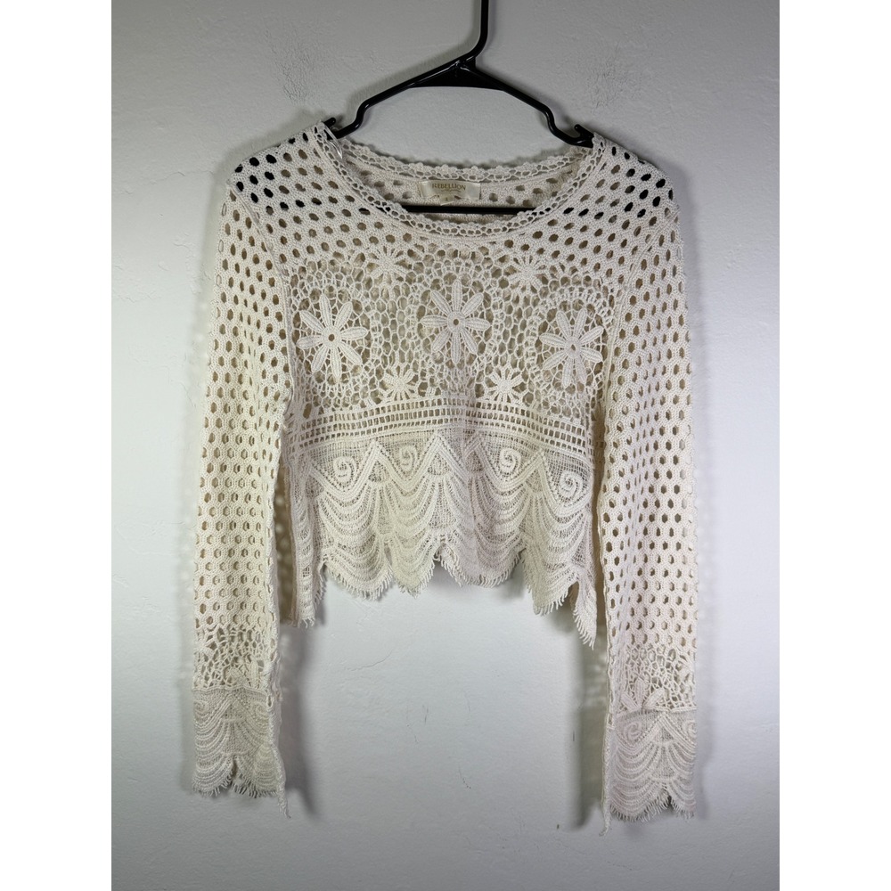 Rebellion Again Cream Crochet Lace Crop Top Long Sleeve Cotton Boho Small